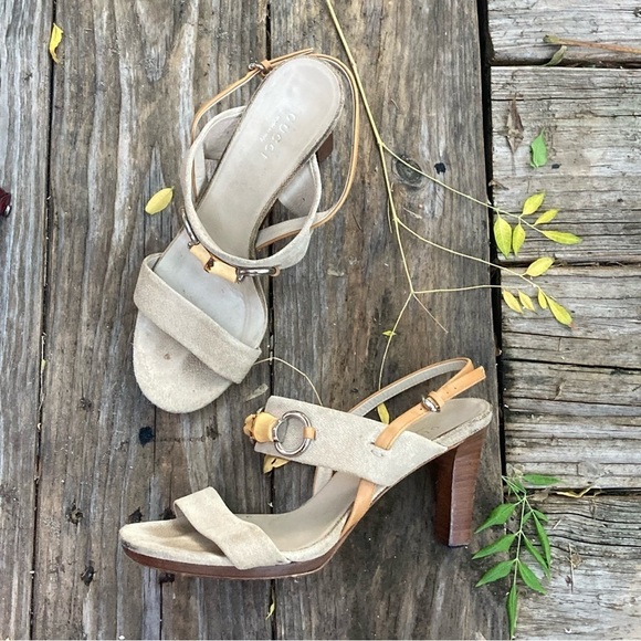Gucci Sandals Horsebit Miss Bamboo Beige Tan Heels rare ICONIC Rafia and Leather - Picture 1 of 13